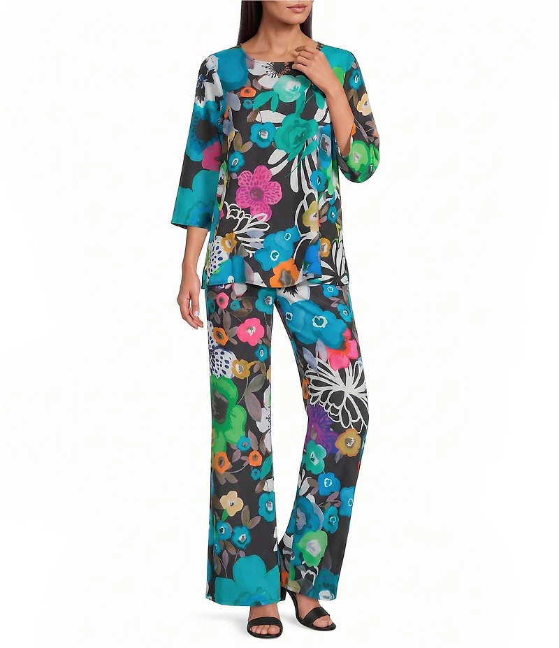 Caroline Rose Bright Multi Floral Print Crepe Flat Front Elastic Waist Wide-Leg Pants