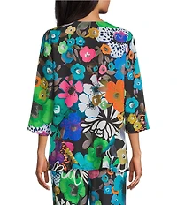 Caroline Rose Bright Multi Floral Print Crepe Scoop Neck 3/4 Sleeve A-Line Flare Top