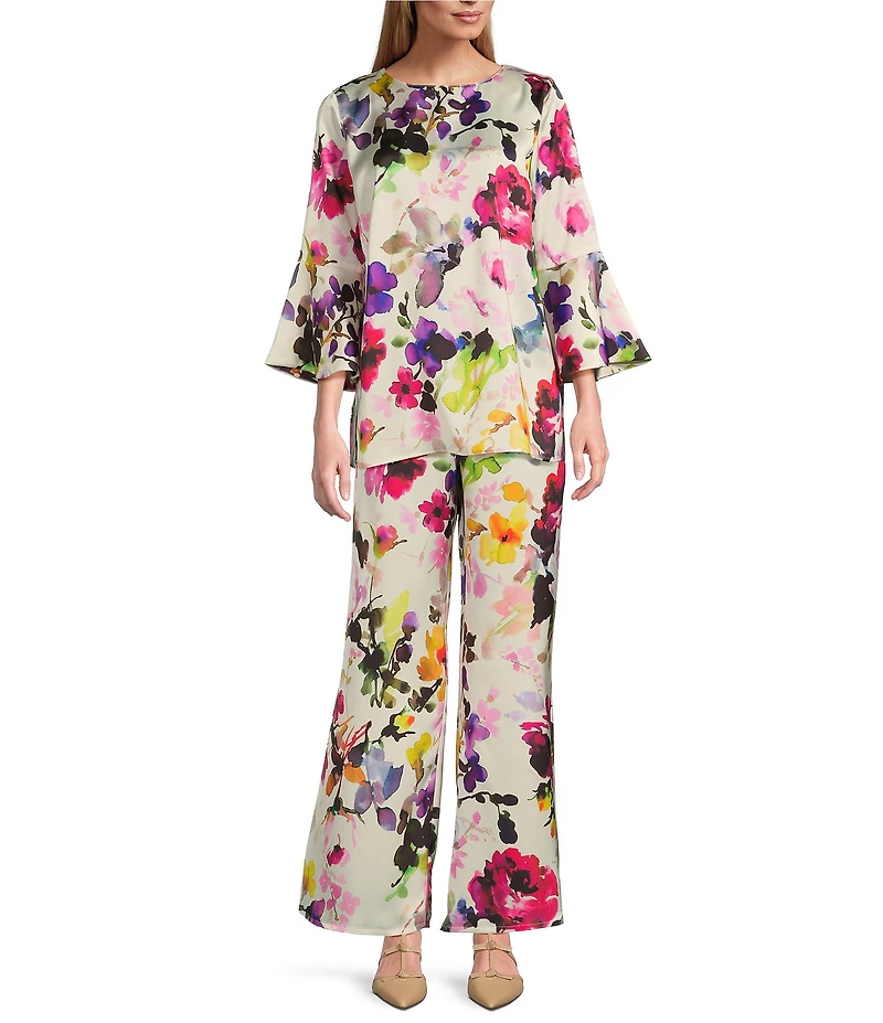 Caroline Rose Brilliant Floral Bouquet Print Satin Coordinating Wide-Leg Pull-On Pants