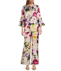 Caroline Rose Brilliant Floral Bouquet Print Satin Coordinating Wide-Leg Pull-On Pants