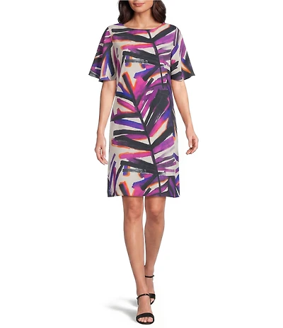 Caroline Rose Brushstroke Graphic Print Matte Crepe Scoop Neck Elbow Flutter Sleeve Dress