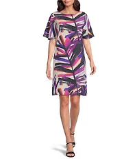 Caroline Rose Brushstroke Graphic Print Matte Crepe Scoop Neck Elbow Flutter Sleeve Dress