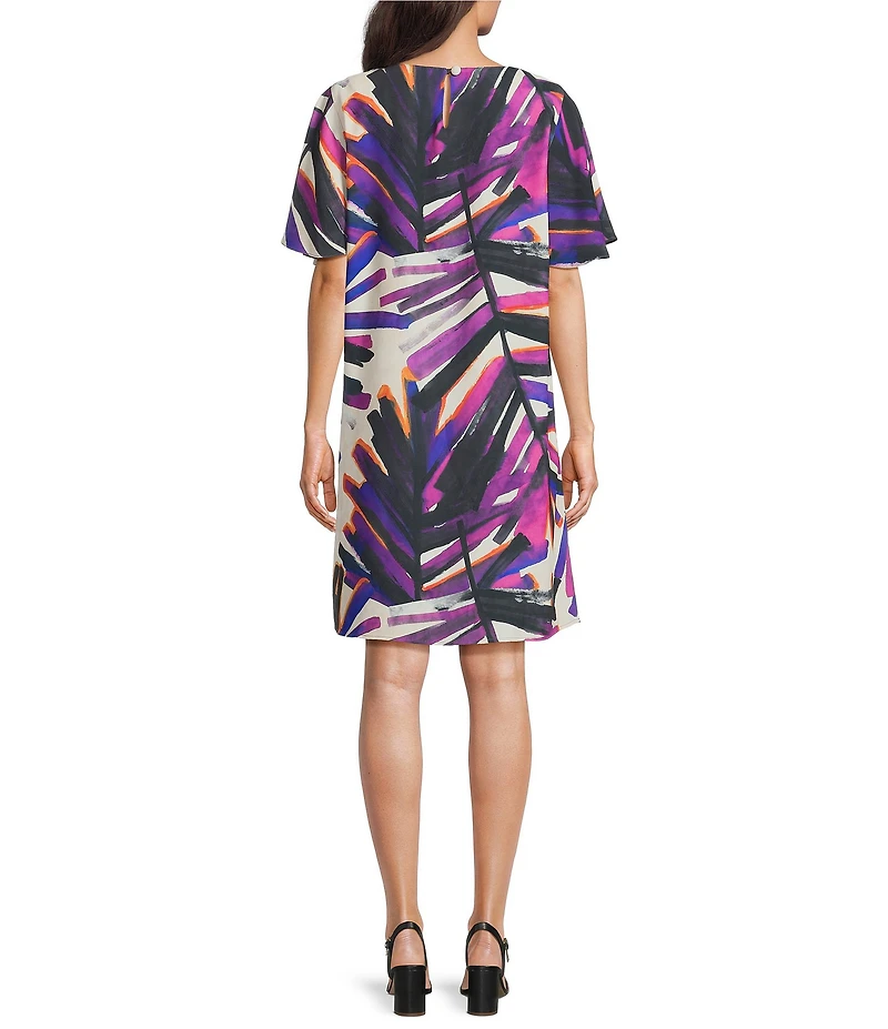 Caroline Rose Brushstroke Graphic Print Matte Crepe Scoop Neck Elbow Flutter Sleeve Dress