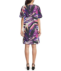Caroline Rose Brushstroke Graphic Print Matte Crepe Scoop Neck Elbow Flutter Sleeve Dress
