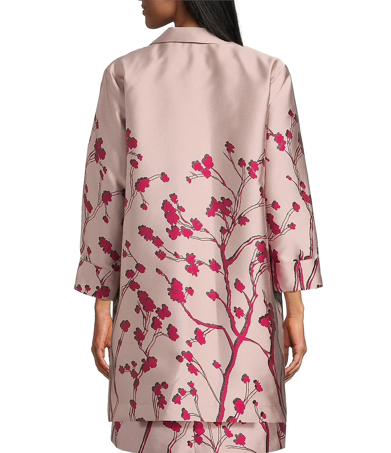 Caroline Rose Cherry Blossom Print Satin Jacquard Notch Collar 3/4 Sleeve Open-Front Statement Jacket