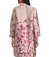 Caroline Rose Cherry Blossom Print Satin Jacquard Notch Collar 3/4 Sleeve Open-Front Statement Jacket