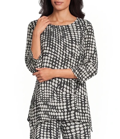 Caroline Rose Coordinating Abstract Geo Dot Print Crepe Scoop Neck 3/4 Sleeve Swing Party Top