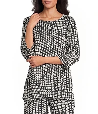 Caroline Rose Coordinating Abstract Geo Dot Print Crepe Scoop Neck 3/4 Sleeve Swing Party Top