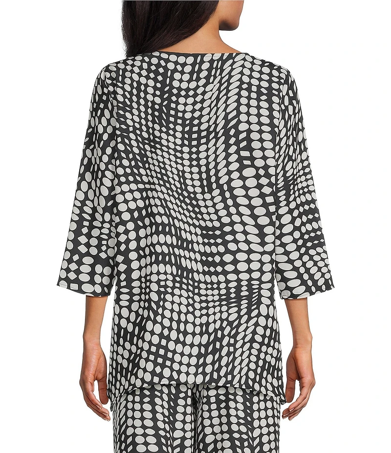 Caroline Rose Coordinating Abstract Geo Dot Print Crepe Scoop Neck 3/4 Sleeve Swing Party Top