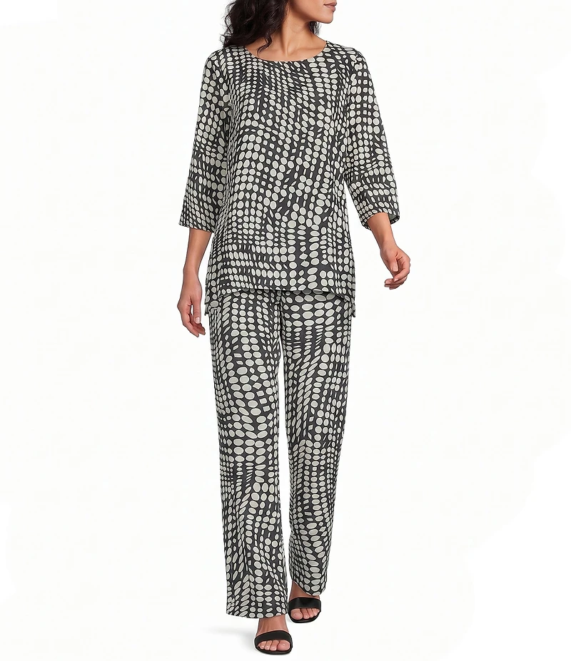 Caroline Rose Coordinating Abstract Geo Dot Print Crepe Scoop Neck 3/4 Sleeve Swing Party Top