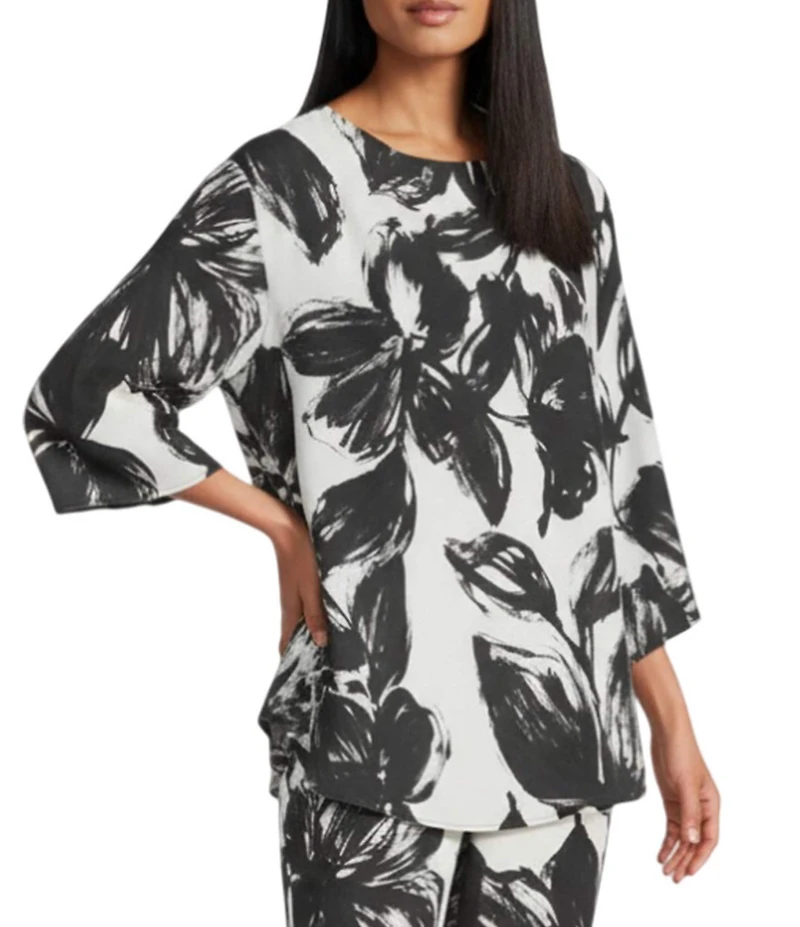 Caroline Rose Coordinating Crepe Brushstroke Floral Print Boat Neck 3/4 Sleeve Crescent Top