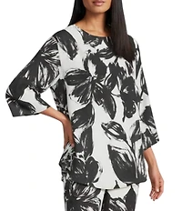 Caroline Rose Coordinating Crepe Brushstroke Floral Print Boat Neck 3/4 Sleeve Crescent Top