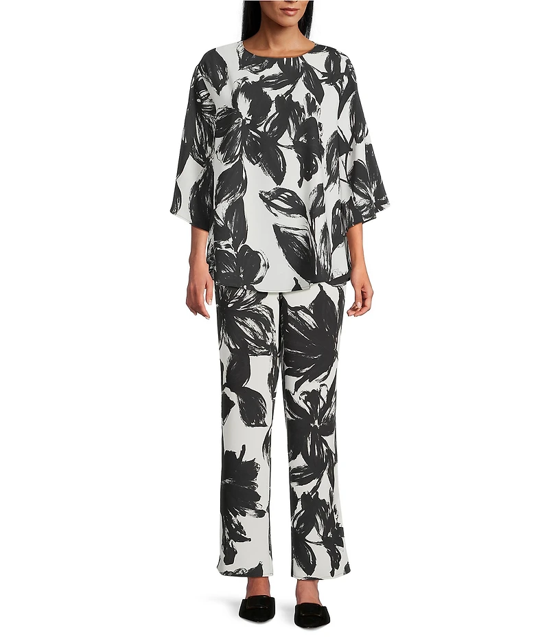 Caroline Rose Coordinating Crepe Brushstroke Floral Print Boat Neck 3/4 Sleeve Crescent Top