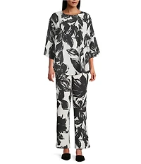 Caroline Rose Coordinating Crepe Brushstroke Floral Print Boat Neck 3/4 Sleeve Crescent Top