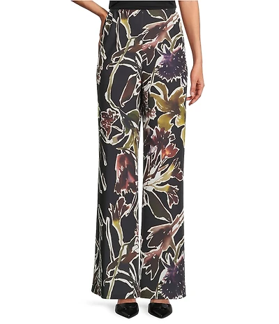 Caroline Rose Coordinating Floral Print Crepe Elastic Waist Wide Leg Pants