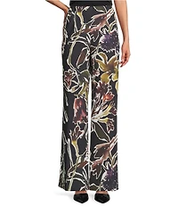 Caroline Rose Coordinating Floral Print Crepe Elastic Waist Wide Leg Pants