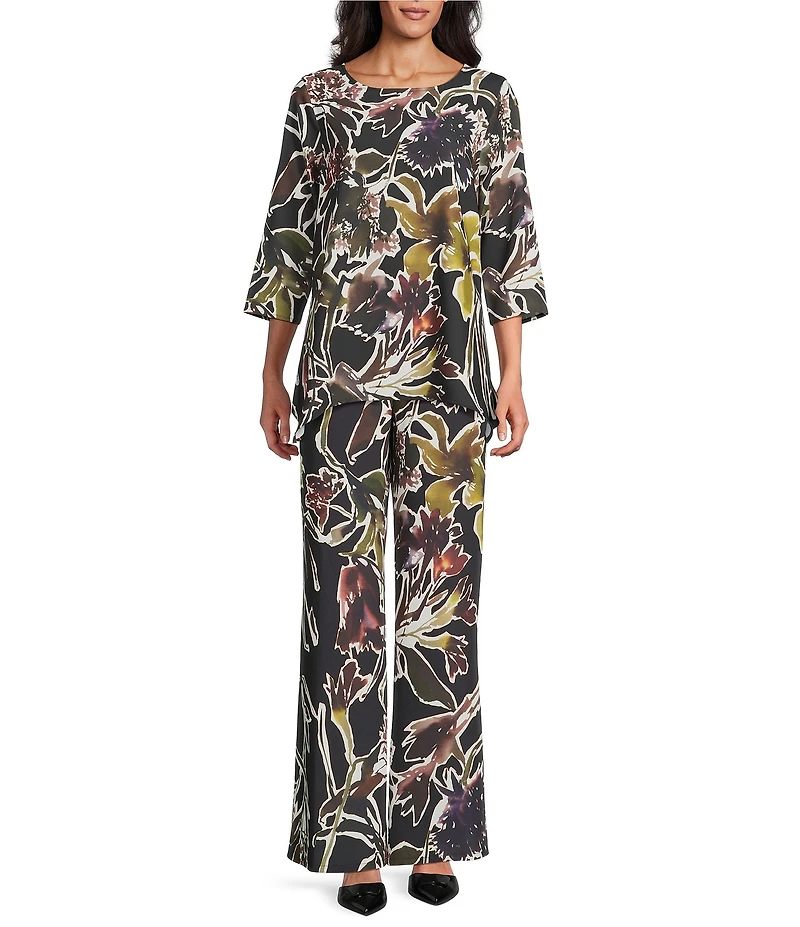 Caroline Rose Coordinating Floral Print Crepe Elastic Waist Wide Leg Pants