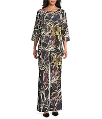 Caroline Rose Coordinating Floral Print Crepe Elastic Waist Wide Leg Pants