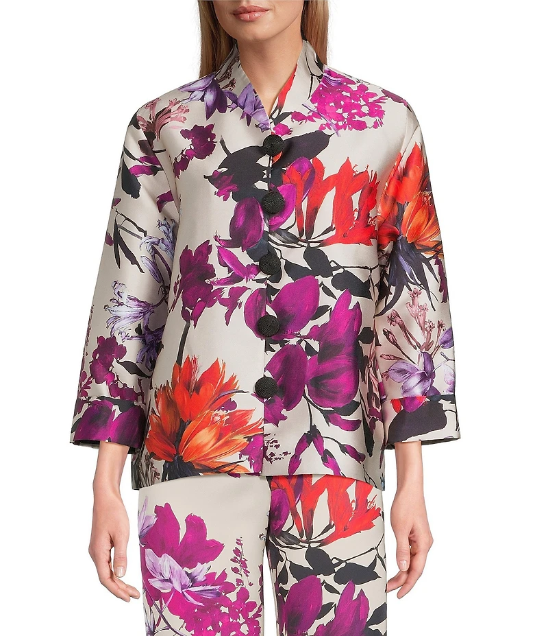 Caroline Rose Coordinating Floral Print Mikado Mandarin Collar Cuffed 3/4 Sleeve Button Front Statement Jacket