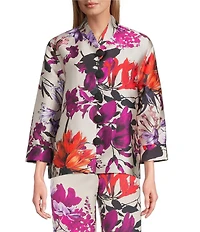 Caroline Rose Coordinating Floral Print Mikado Mandarin Collar Cuffed 3/4 Sleeve Button Front Statement Jacket