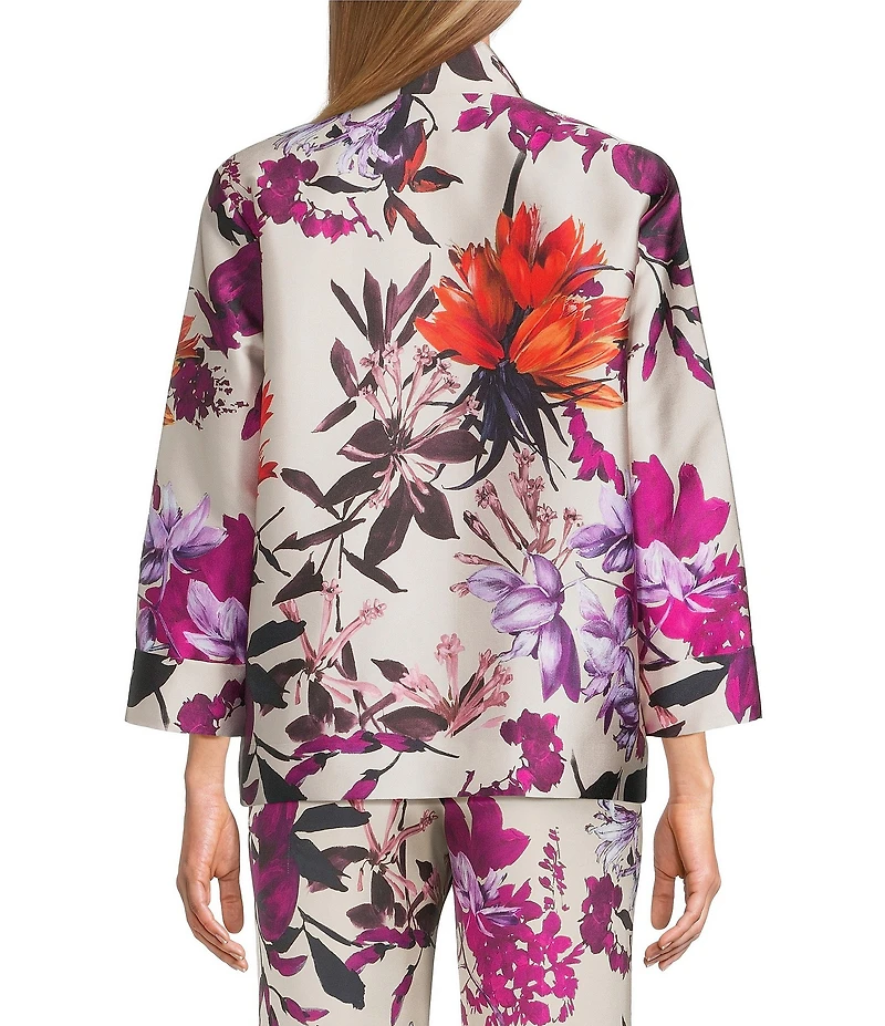 Caroline Rose Coordinating Floral Print Mikado Mandarin Collar Cuffed 3/4 Sleeve Button Front Statement Jacket
