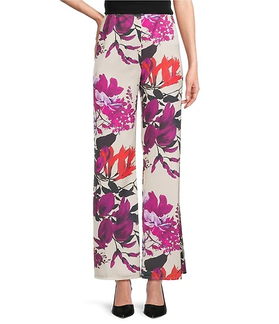 Caroline Rose Coordinating Floral Print Satin Wide Leg Pull-On Pants