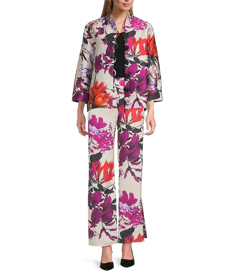 Caroline Rose Coordinating Floral Print Satin Wide Leg Pull-On Pants