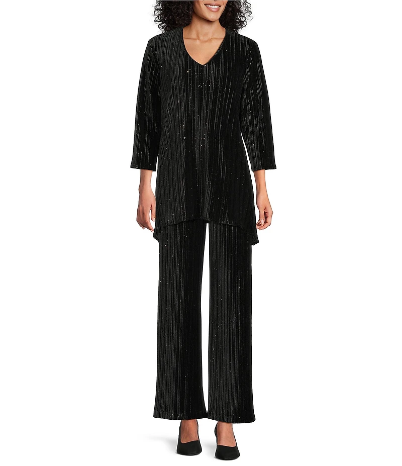 Caroline Rose Cooridinating Sparkle Stretch Velvet V-Neck 3/4 Sleeve Side Fall Hem Swing Tunic