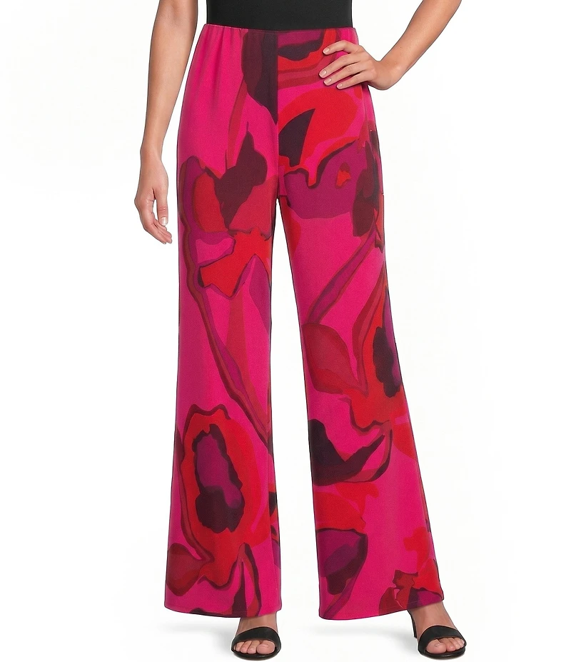 Caroline Rose Copa Abstract Floral Print Matte Crepe Pull-On Wide-Leg Pants