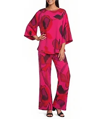 Caroline Rose Copa Abstract Floral Print Matte Crepe Pull-On Wide-Leg Pants