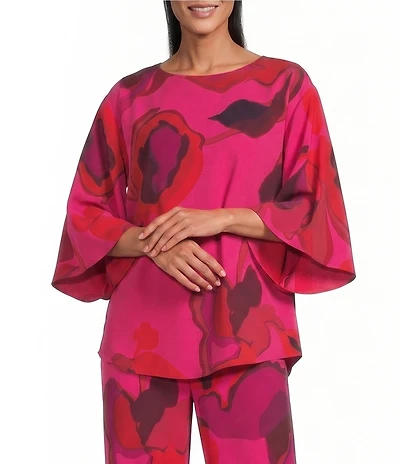Caroline Rose Copa Abstract Floral Print Matte Crepe Scoop Neck 3/4 Dolman Sleeve Crescent Caftan Top