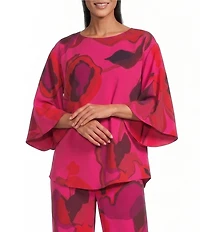 Caroline Rose Copa Abstract Floral Print Matte Crepe Scoop Neck 3/4 Dolman Sleeve Crescent Caftan Top