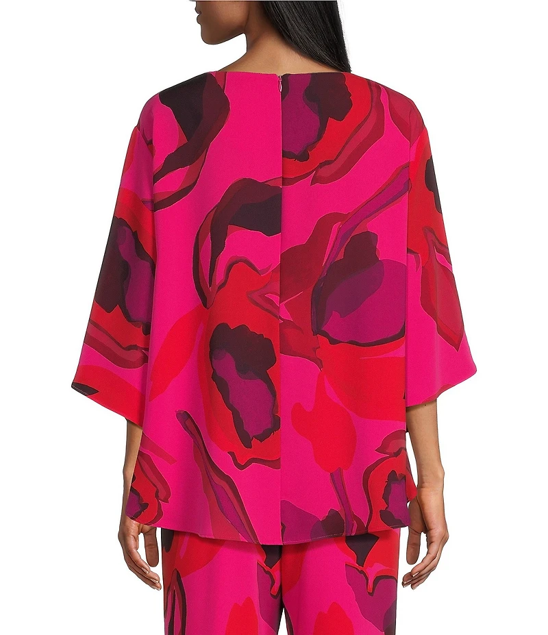 Caroline Rose Copa Abstract Floral Print Matte Crepe Scoop Neck 3/4 Dolman Sleeve Crescent Caftan Top
