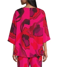 Caroline Rose Copa Abstract Floral Print Matte Crepe Scoop Neck 3/4 Dolman Sleeve Crescent Caftan Top