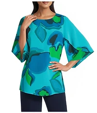Caroline Rose Copa Abstract Floral Print Matte Crepe Scoop Neck 3/4 Tulip Petal Sleeve Tunic