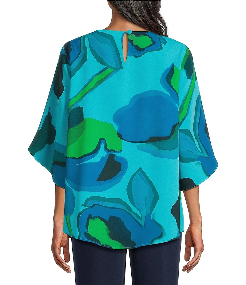 Caroline Rose Copa Abstract Floral Print Matte Crepe Scoop Neck 3/4 Tulip Petal Sleeve Tunic