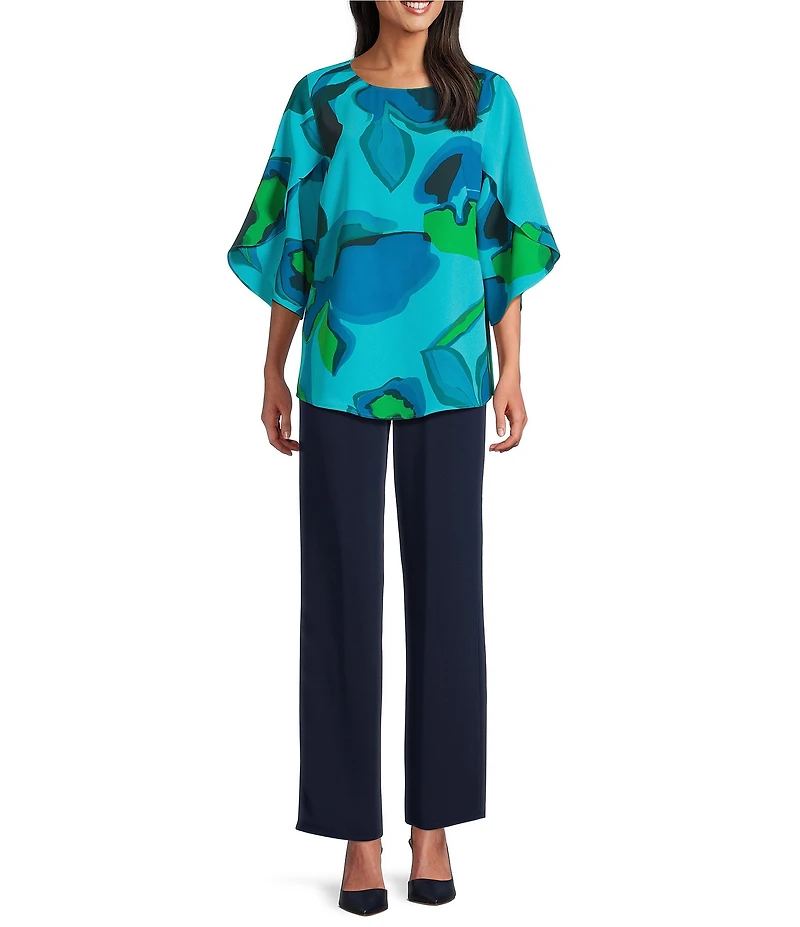 Caroline Rose Copa Abstract Floral Print Matte Crepe Scoop Neck 3/4 Tulip Petal Sleeve Tunic