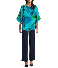 Caroline Rose Copa Abstract Floral Print Matte Crepe Scoop Neck 3/4 Tulip Petal Sleeve Tunic