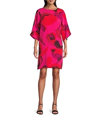 Caroline Rose Copa Floral Print Crepe Scoop Neck 3/4 Tulip Petal Sleeve Dress