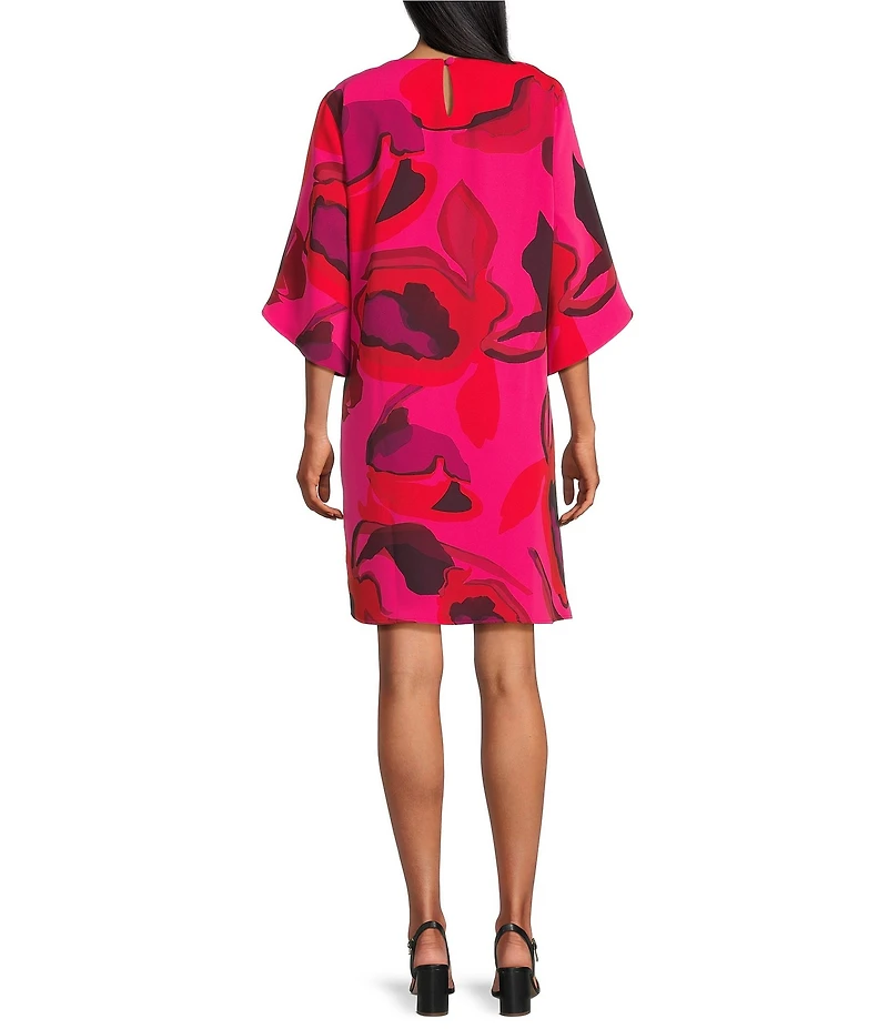 Caroline Rose Copa Floral Print Crepe Scoop Neck 3/4 Tulip Petal Sleeve Dress