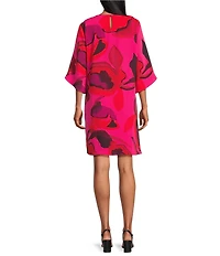 Caroline Rose Copa Floral Print Crepe Scoop Neck 3/4 Tulip Petal Sleeve Dress