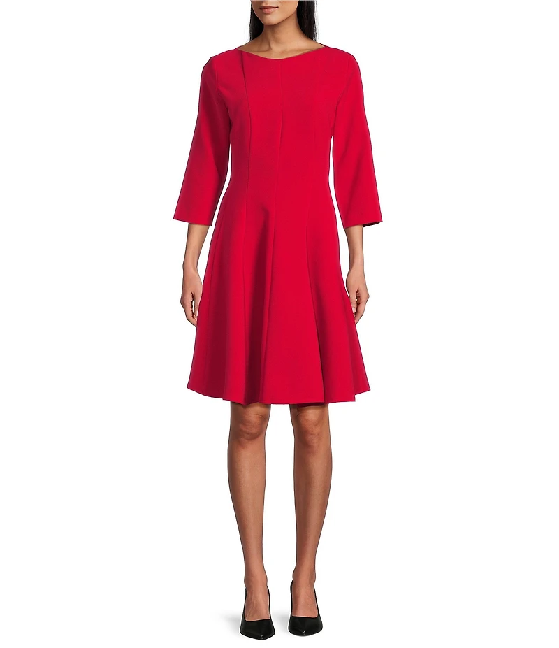 Caroline Rose Crepe Boat Neck 3/4 Sleeve Fit-And-Flare Dress