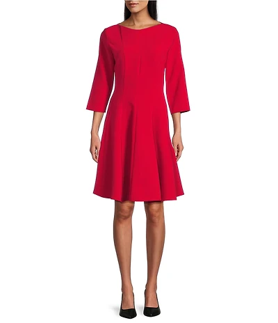 Caroline Rose Crepe Boat Neck 3/4 Sleeve Fit-And-Flare Dress