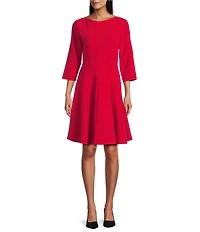 Caroline Rose Crepe Boat Neck 3/4 Sleeve Fit-And-Flare Dress