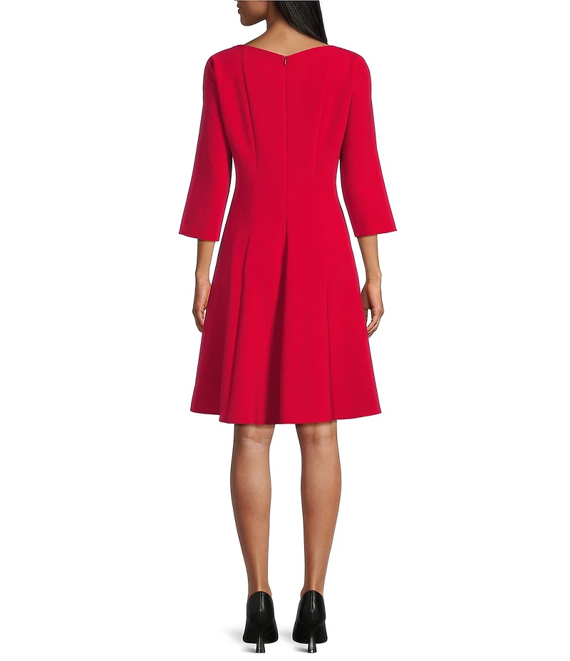 Caroline Rose Crepe Boat Neck 3/4 Sleeve Fit-And-Flare Dress