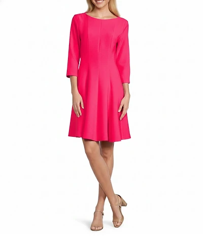 Caroline Rose Crepe Boat Neck 3/4 Sleeve Fit-And-Flare Dress