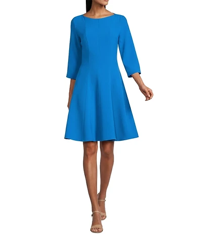 Caroline Rose Crepe Boat Neck 3/4 Sleeve Fit-And-Flare Dress