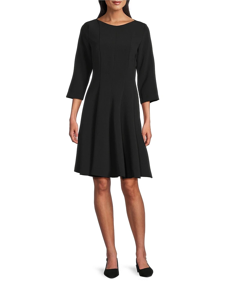 Caroline Rose Crepe Boat Neck 3/4 Sleeve Fit-And-Flare Dress