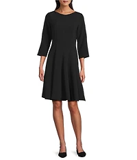 Caroline Rose Crepe Boat Neck 3/4 Sleeve Fit-And-Flare Dress