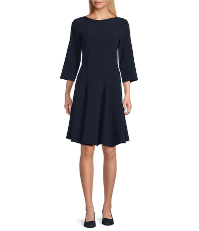 Caroline Rose Crepe Boat Neck 3/4 Sleeve Fit-And-Flare Dress